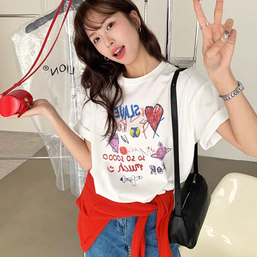 메이킹유 [2size/~XL] 일러스트 라운드 반팔 WB01111레이브티